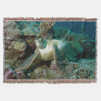 Green Sea Turtle after resting among coral reef |  Throw Blanket