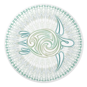 Green Sea Turtle And Mandala   Nautical Ceramic Knob
