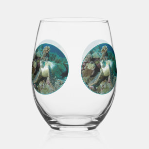 Green Sea Turtle at corals - Photographic Design   Stemless Wine Glass