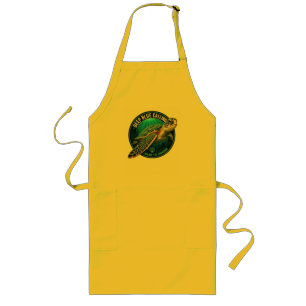 Green sea turtle inside a round ocean emblem. long apron