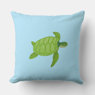 Green sea turtle on turquoise background throw pillow