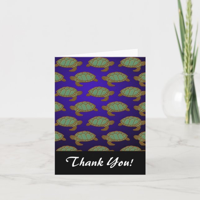 Green Sea Turtle Pattern on Blue Thank You Card (Front)