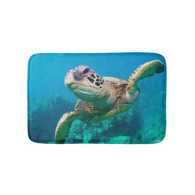 Green Sea Turtle Swimming Over Coral Reef |Hawaii Bath Mat (Front)