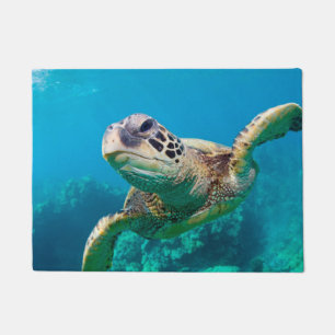 Green Sea Turtle Swimming Over Coral Reef Hawaii Doormat
