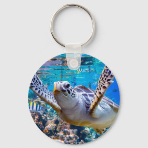 Green Sea Turtle Swimming Over Coral Reef  Hawaii  Keychain