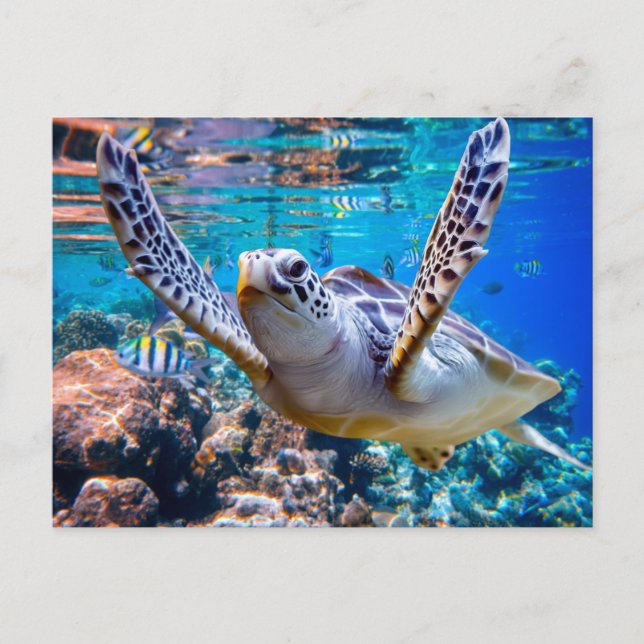 Green Sea Turtle Swimming Over Coral Reef |Hawaii Postcard (Front)