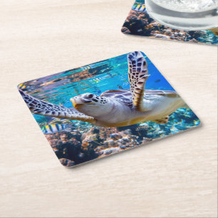 Green Sea Turtle Swimming Over Coral Reef  Hawaii Square Paper Coaster