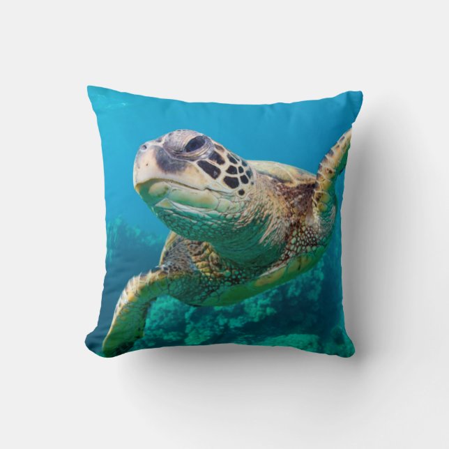 Green Sea Turtle Swimming Over Coral Reef |Hawaii Throw Pillow (Front)