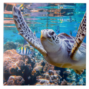 Green Sea Turtle Swimming Over Coral Reef  Hawaii Tile