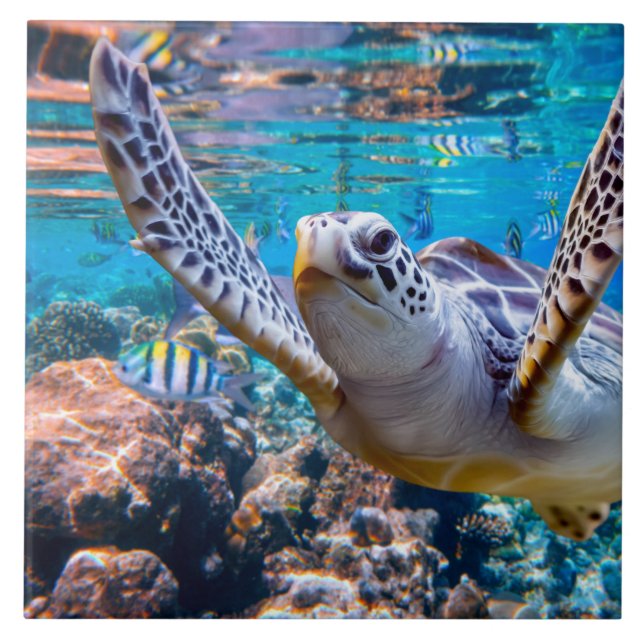 Green Sea Turtle Swimming Over Coral Reef |Hawaii Tile (Front)