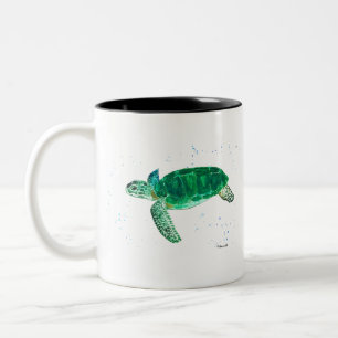 Green sea turtle watercolor coastal tropical ocean Two-Tone coffee mug