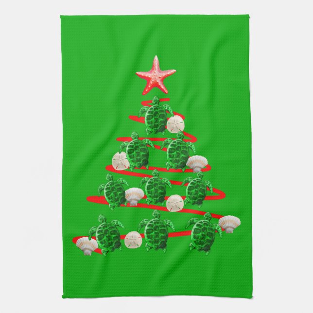 Green Sea Turtles Christmas Tree Kitchen Towel (Vertical)