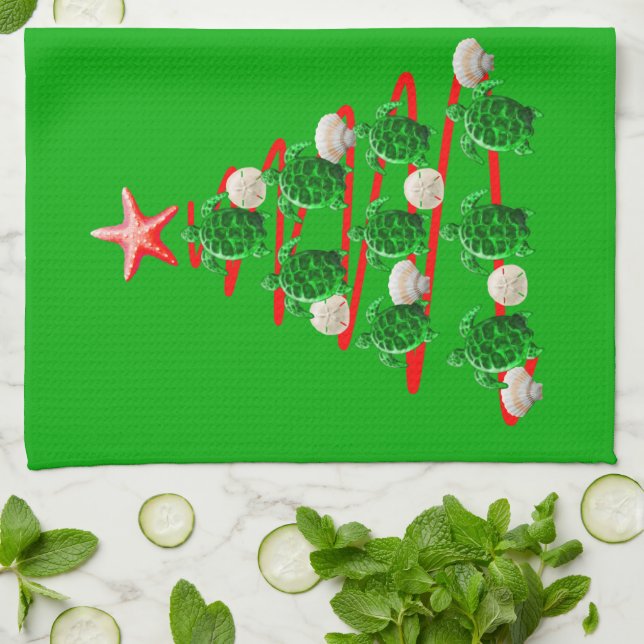 Green Sea Turtles Christmas Tree Kitchen Towel (Folded)