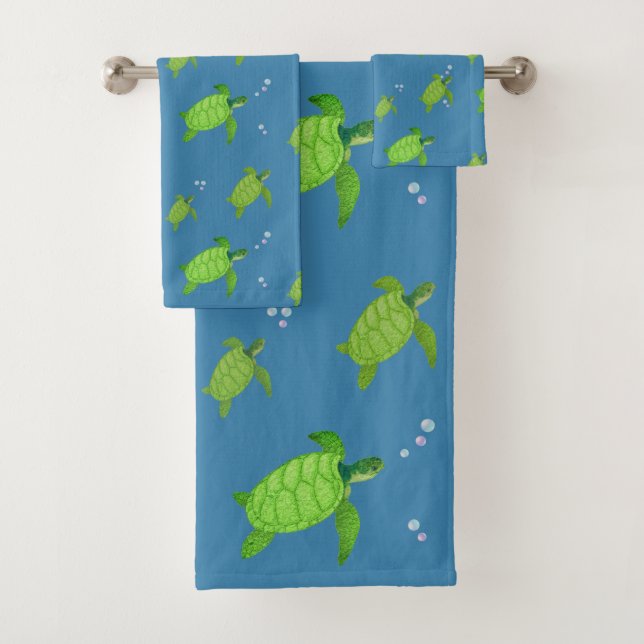 Green Sea Turtles on Turquoise Blue Bath Towel Set (Insitu)