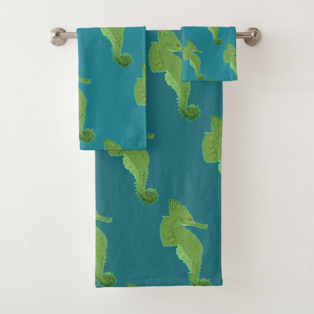 Green Seahorse  Bathroom Towel Set (Insitu)