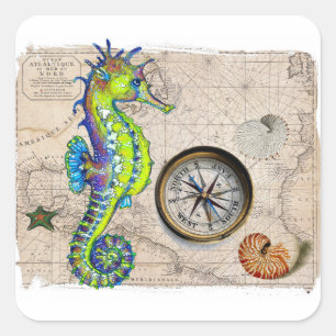 Green Seahorse Compass Square Sticker