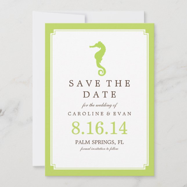 Green Seahorse Wedding Save the Date (Front)