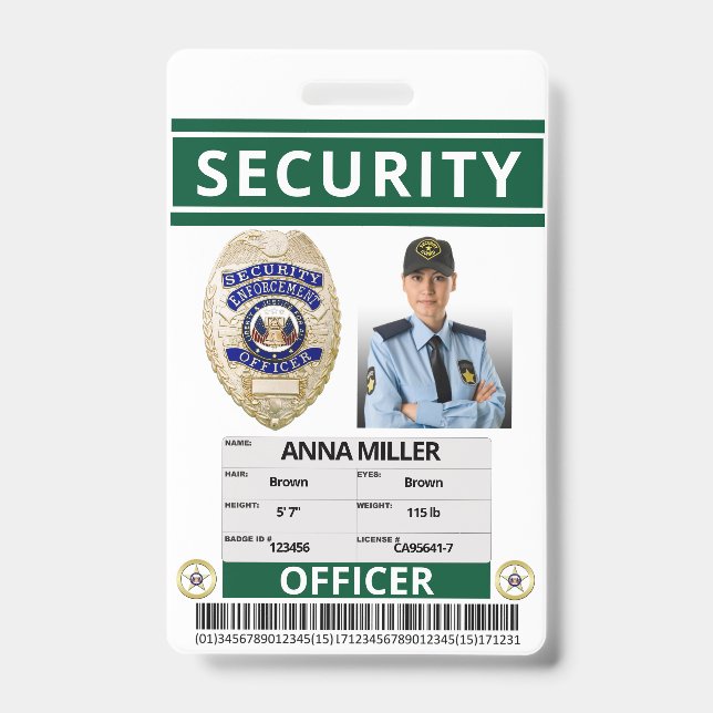 Green Security Officer Custom Print Guard Employee Badge (Front)