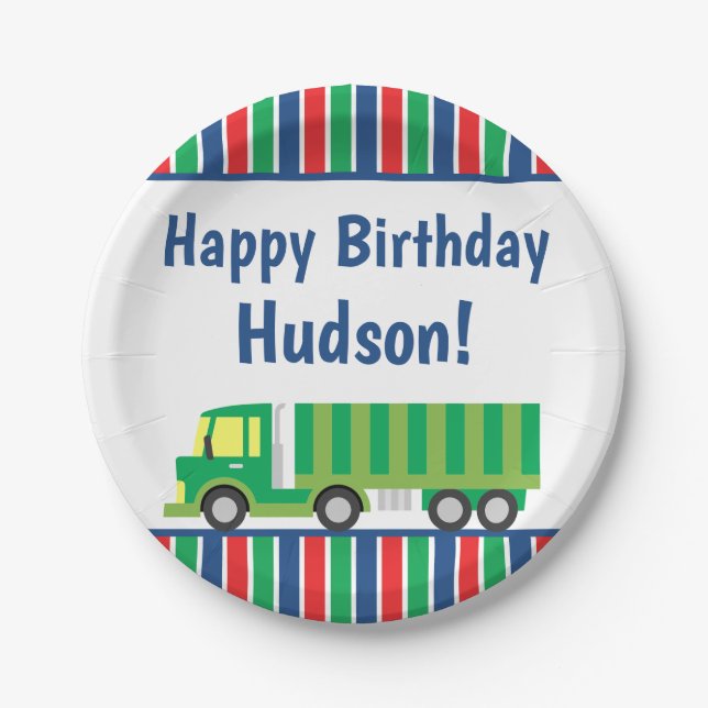 Green Semi Truck Personalized Party Plates (Front)