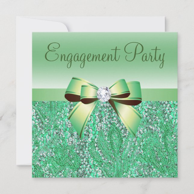 Green Sequins, Bow & Diamond Engagement Party Invitation (Front)