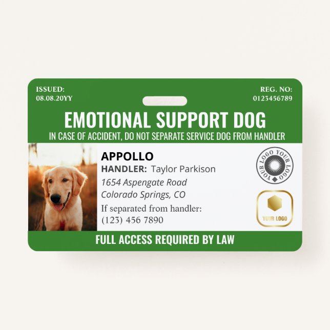 Green Service Dog 2 Logo & Photo ID Badge (Front)