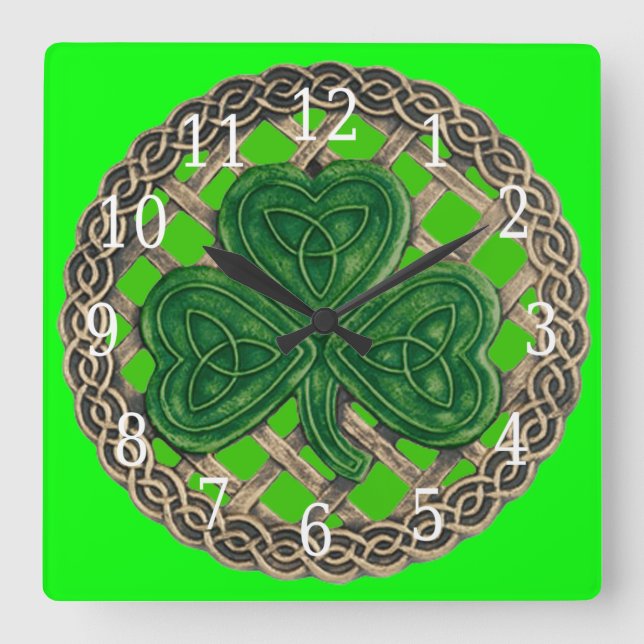 Green Shamrock And Celtic Knots Square Clock (Front)