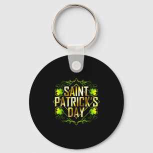 Green Shamrock And Golden Lettered Saint Patricks Keychain