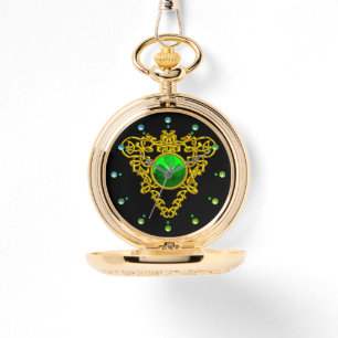 GREEN SHAMROCK,CELTIC KNOT HEART GOLD BLACK WATCH