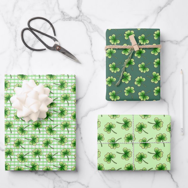 Green Shamrock Clover Leaf St. Patricks Day Wrapping Paper Sheet (Front)