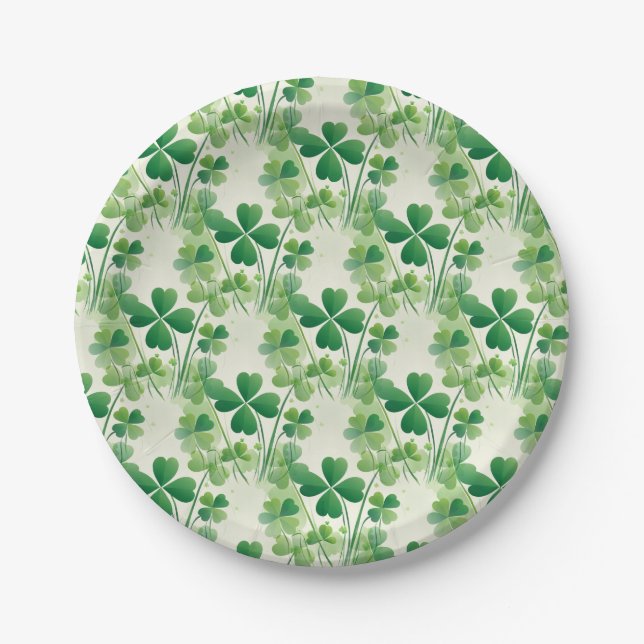 Green Shamrock Clover Pattern St Patrick's Day Paper Plate (Front)
