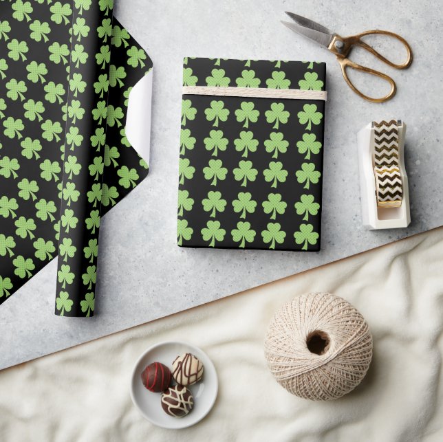 Green Shamrock Clover Polka dots pattern black  Wrapping Paper (Crafts)