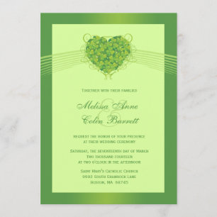 Green shamrock clovers heart wedding invitation