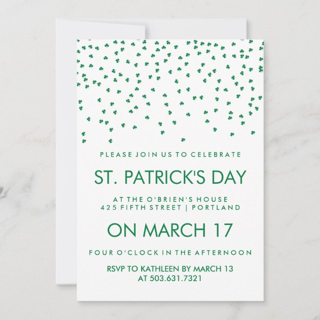 Green Shamrock Confetti on White St Patrick's Day Invitation (Front)