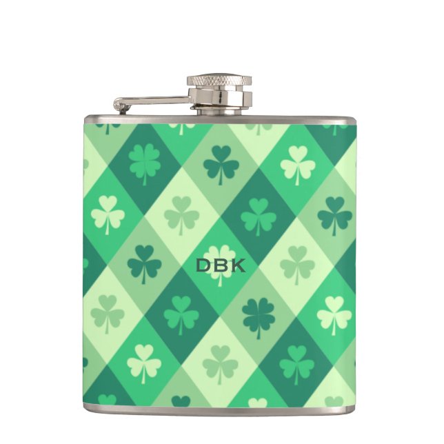Green Shamrock Custom Monogram St. Patricks Day Hip Flask (Front)