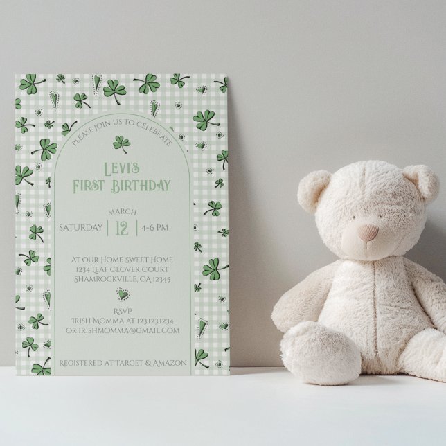 Green Shamrock First Birthday Photo Invitation (Cute Gender Neutral Green and White Gingham with Lucky Green Shamrocks First Birthday Invitation.)
