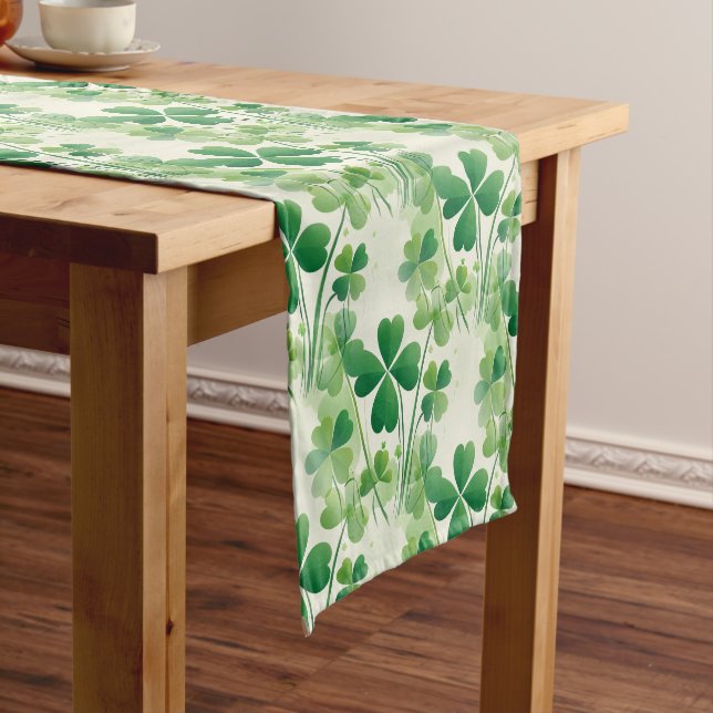 Green Shamrock Four Leaf Clover St Patrick's Day Short Table Runner (In Situ)