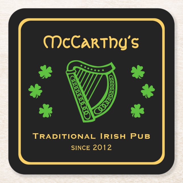 Green shamrock harp custom family name Irish pub B Square Paper Coaster (Front)