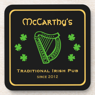 Green shamrock harp custom family name Irish pub Coaster