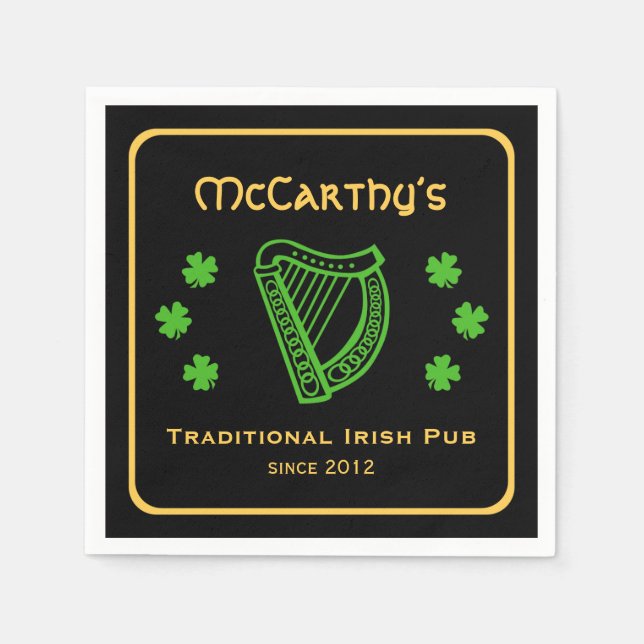 Green shamrock harp custom family name Irish pub Napkin (Front)