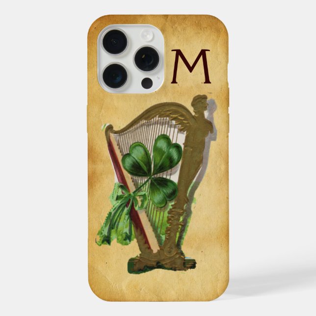GREEN SHAMROCK HARP PARCHMENT MONOGRAM iPhone CASE (Back)