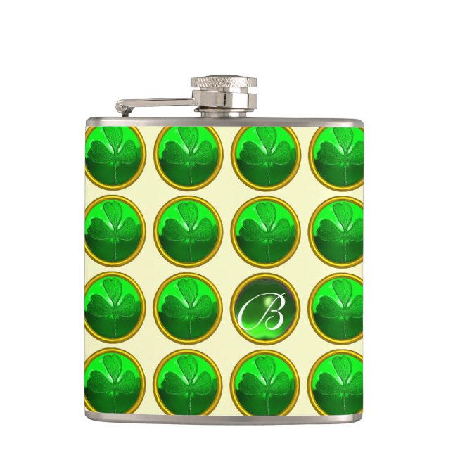 GREEN SHAMROCK JEWEL Saint Patrick's Day Monogram Hip Flask (Front)