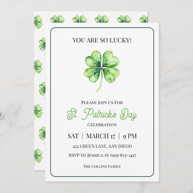Green Shamrock Luck Simple St. Patrick's Day Party Invitation (Front/Back)