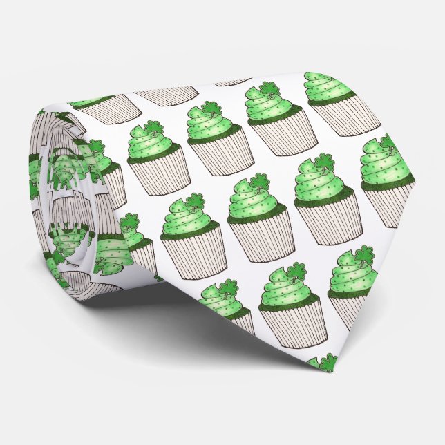 Green Shamrock Lucky Cupcakes St. Patrick's Day Tie (Rolled)