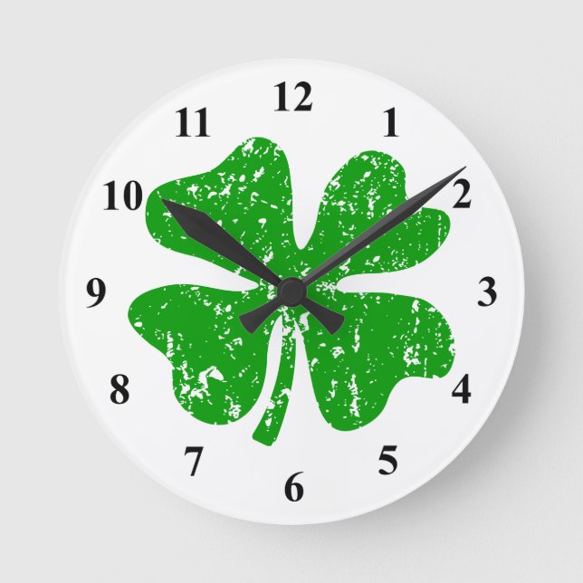 Green shamrock lucky four leaf clover wall clock (Front)