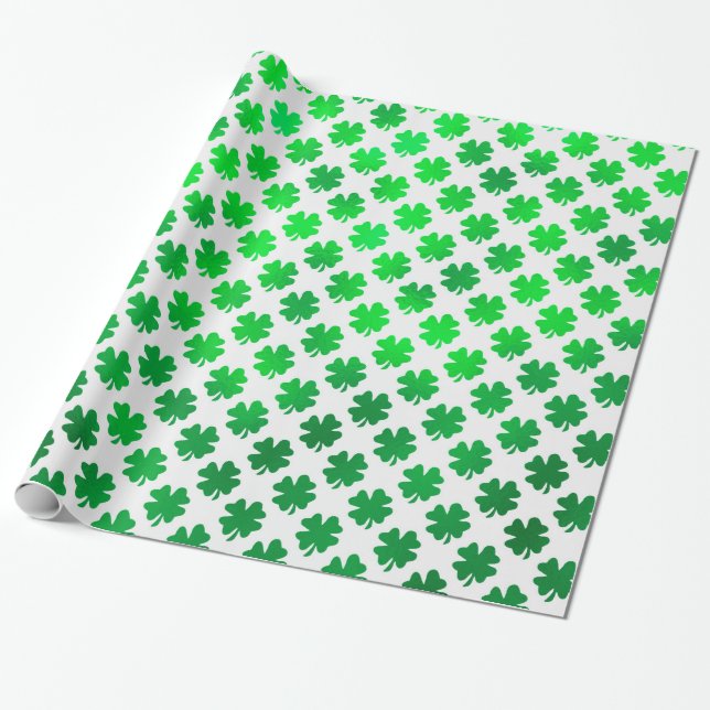 Green Shamrock Metallic Faux Four Leaf Clover Wrapping Paper (Unrolled)
