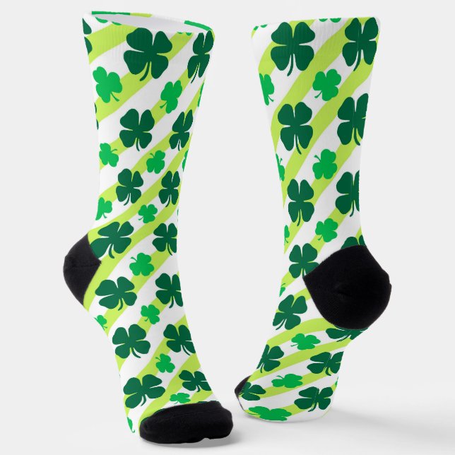 Green Shamrock on Stripes Pattern  Socks (Angled)