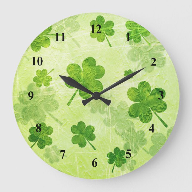 Green Shamrock Pattern Large Clock (Front)