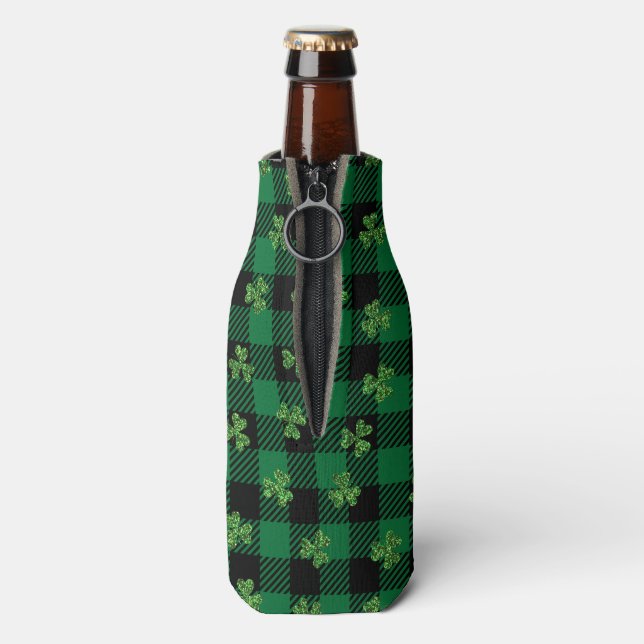Green Shamrock Pattern on Chequered Background Bottle Cooler (Bottle Back)