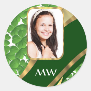 Green shamrock photo background classic round sticker