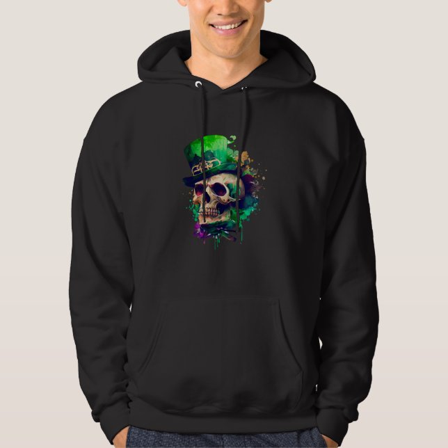 Green Shamrock Skull Irish Ireland St Patricks Day Hoodie (Front)